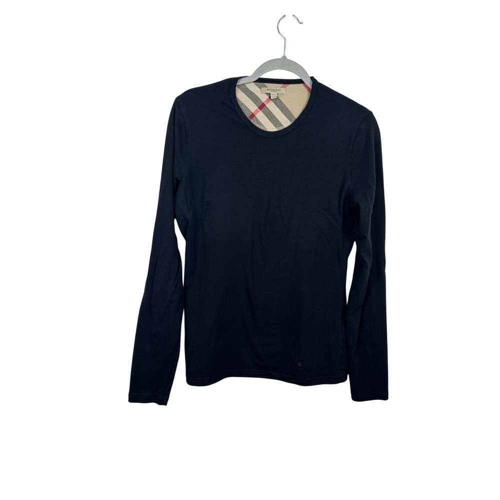 Burberry London Top Women L Black Good Nova Check Elbow Patches Long Sleeve